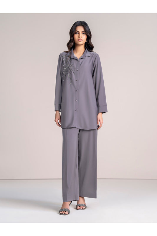 Slate Grey Viscose 2-Piece Co-ord Set | Tilla Embroidery