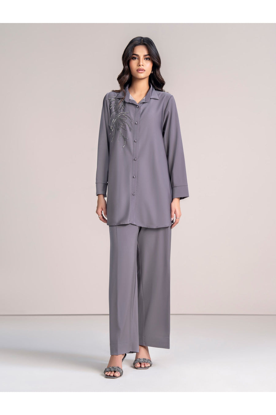 Slate Grey Viscose 2-Piece Co-ord Set | Tilla Embroidery