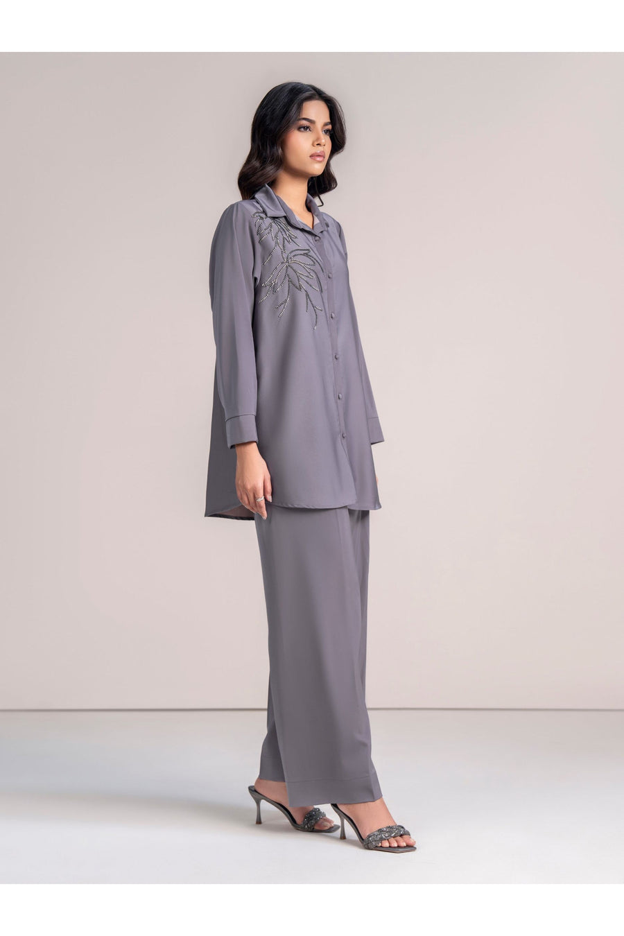 Slate Grey Viscose 2-Piece Co-ord Set | Tilla Embroidery