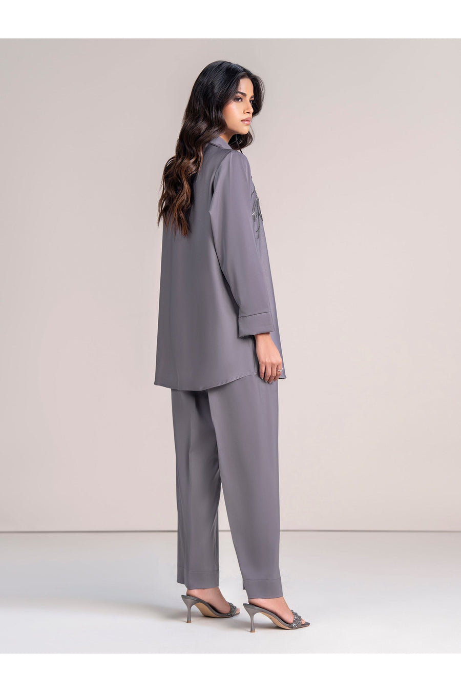Slate Grey Viscose 2-Piece Co-ord Set | Tilla Embroidery