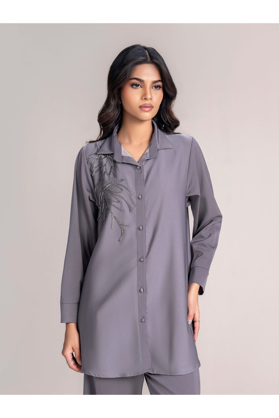 Slate Grey Viscose 2-Piece Co-ord Set | Tilla Embroidery
