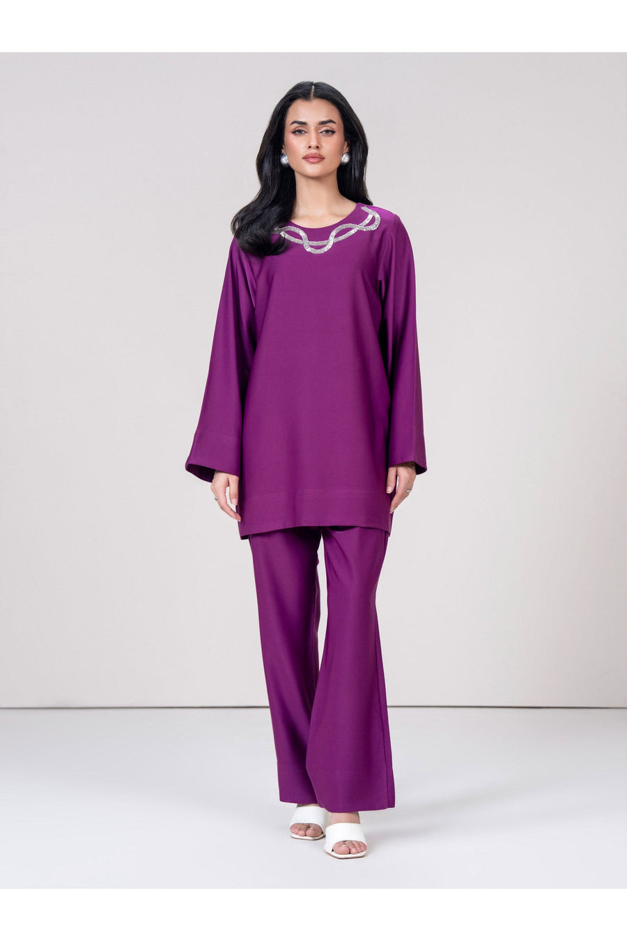 Plum Viscose 2-Piece Kurti Set | Zardosi Neckline