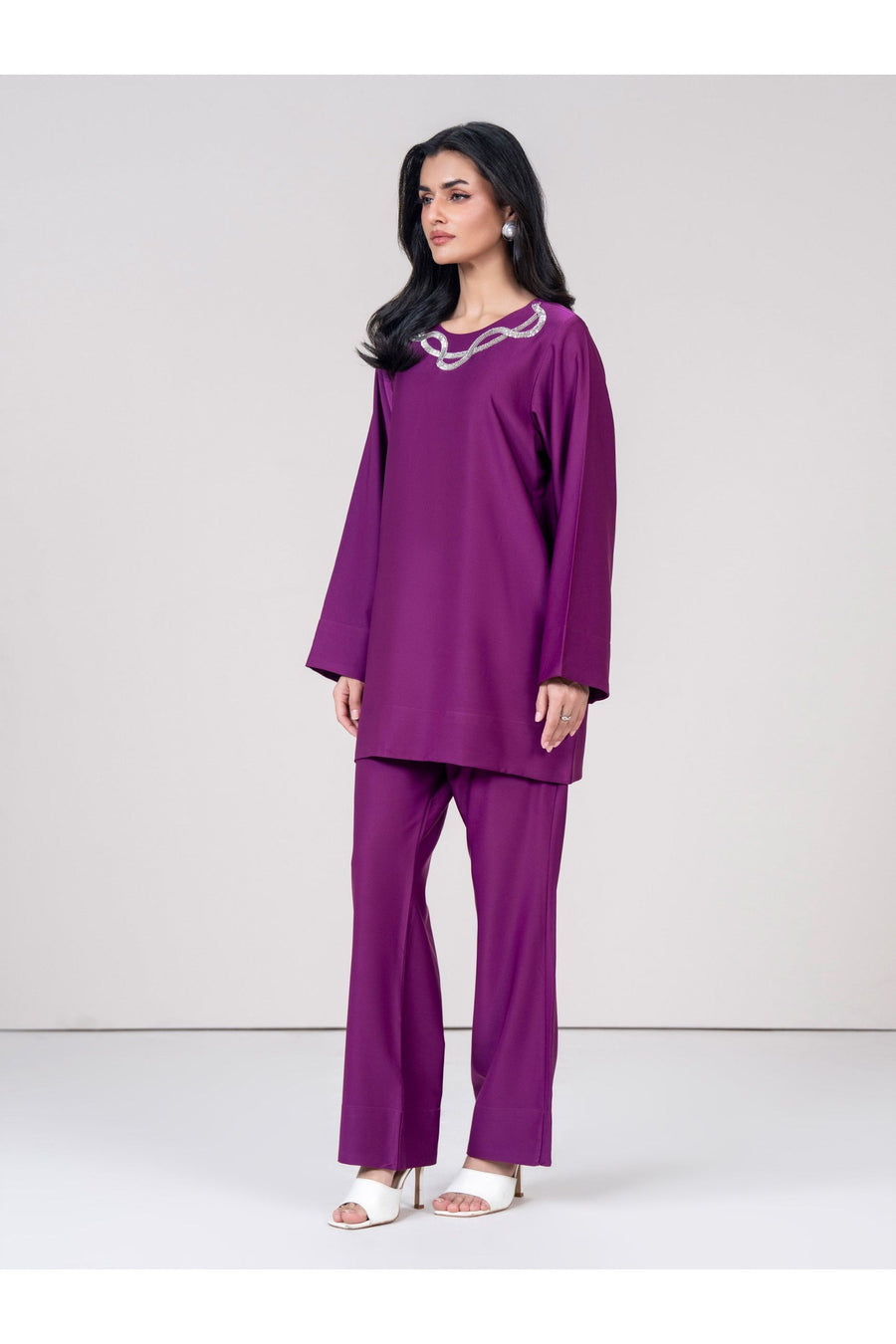 Plum Viscose 2-Piece Kurti Set | Zardosi Neckline