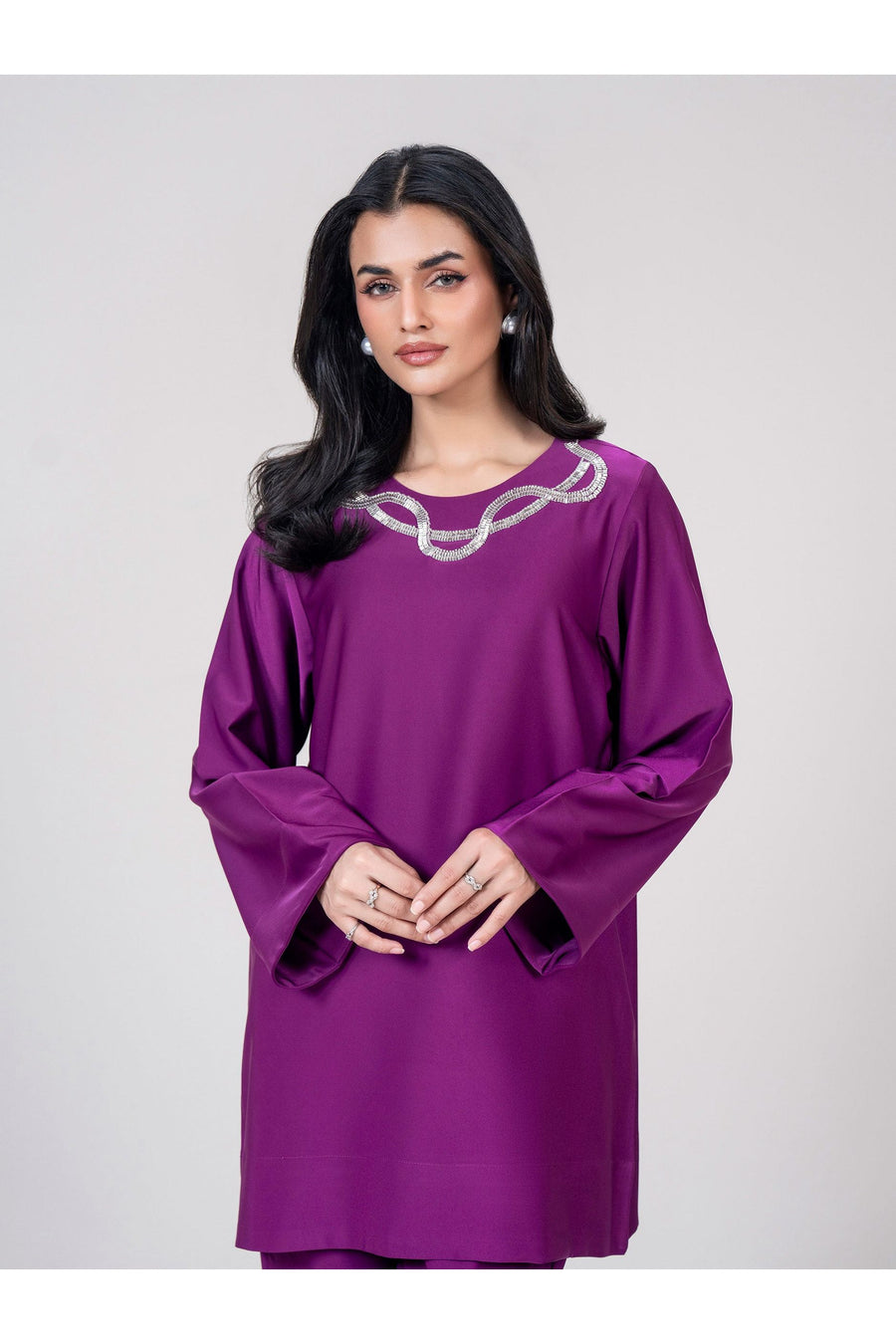 Plum Viscose 2-Piece Kurti Set | Zardosi Neckline