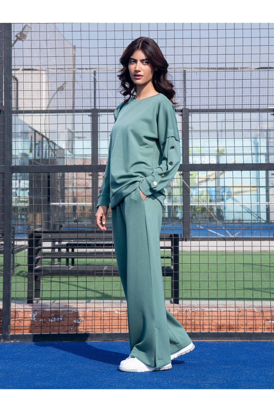 Sage Green Jersey 2-Piece Co-Ord Set | Button Detail Sleeves