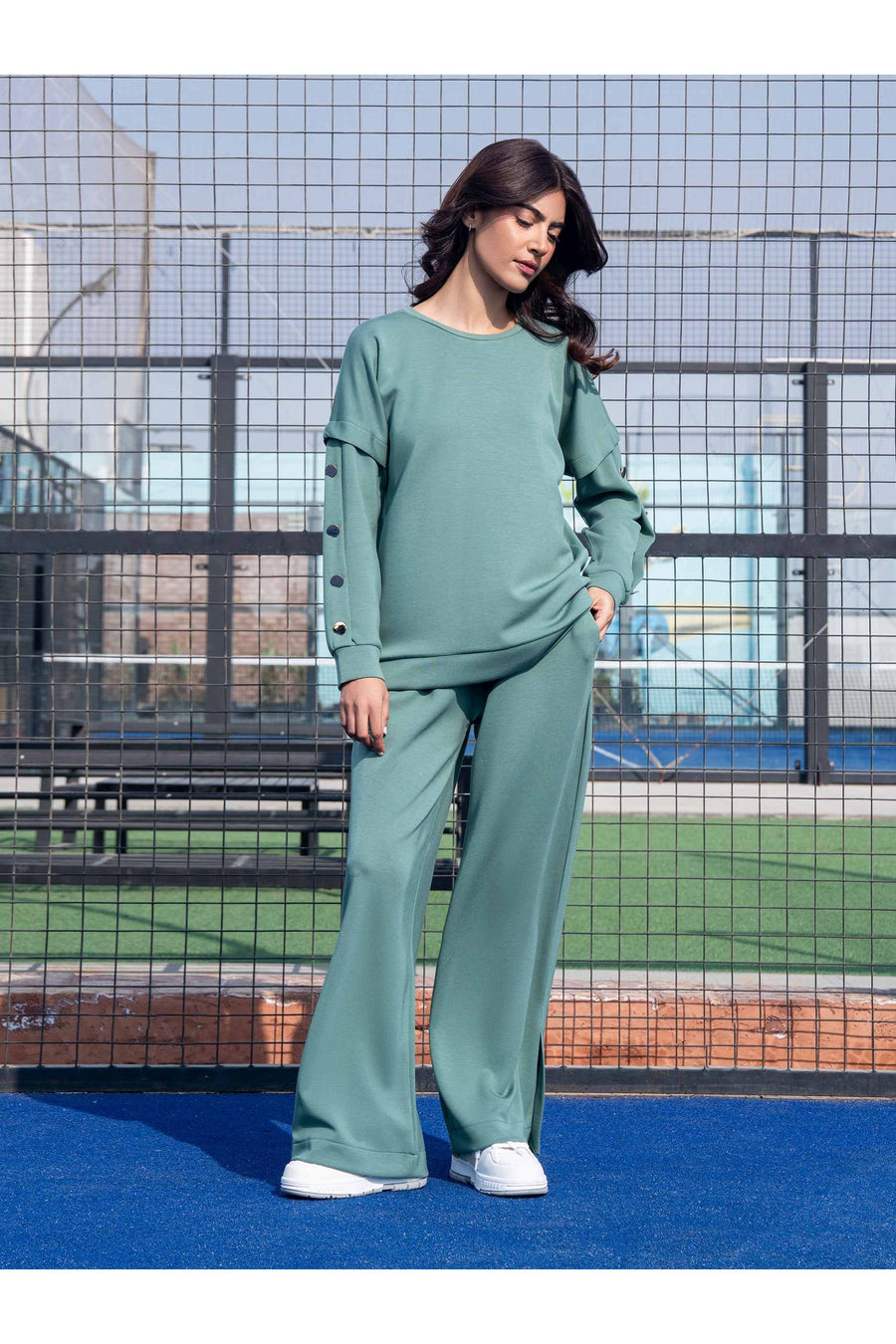 Sage Green Jersey 2-Piece Co-Ord Set | Button Detail Sleeves