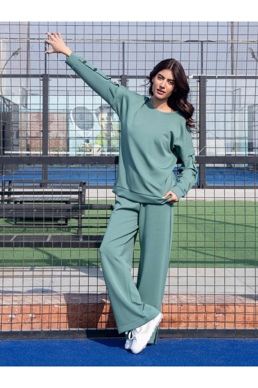 Sage Green Jersey 2-Piece Co-Ord Set | Button Detail Sleeves