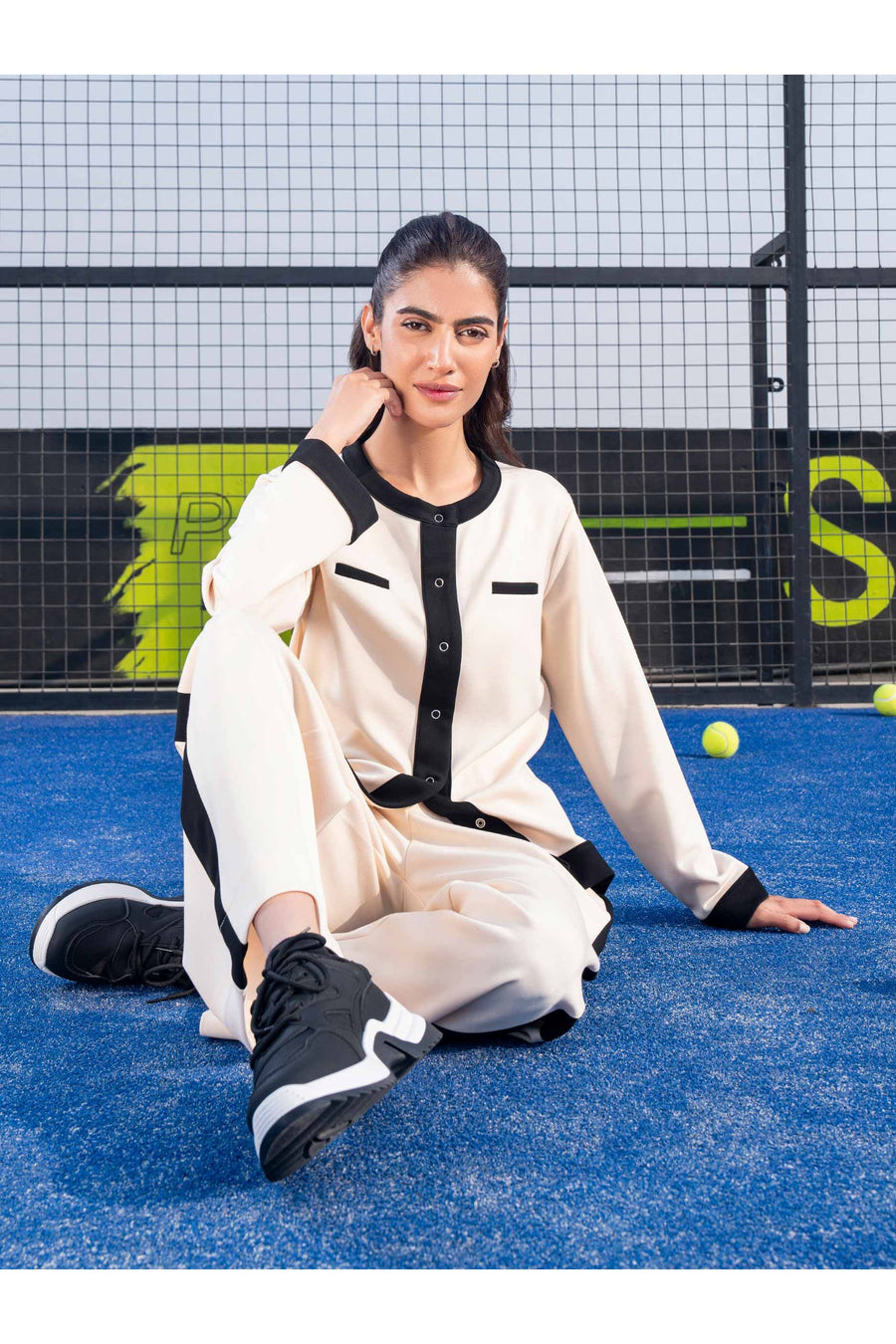 Off-White Jersey Knit 2-Piece Co-ord Set | Color-Block Button
