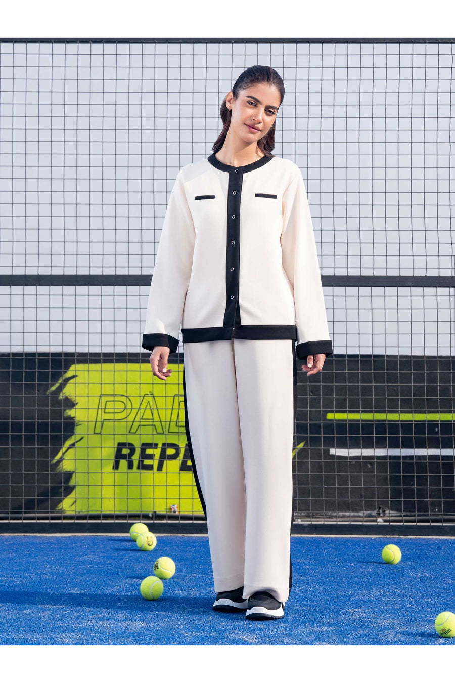 Off-White Jersey Knit 2-Piece Co-ord Set | Color-Block Button