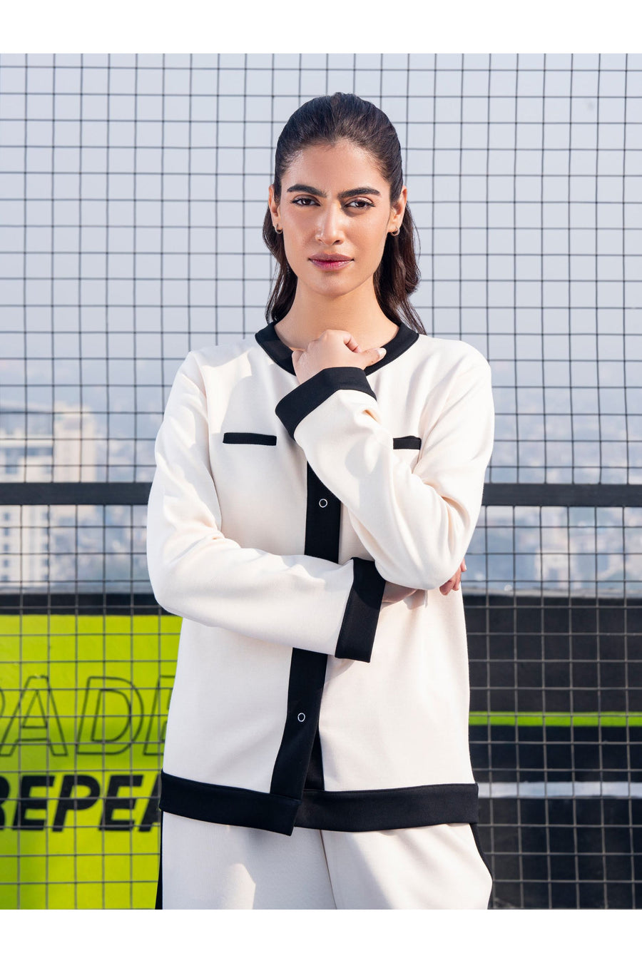 Off-White Jersey Knit 2-Piece Co-ord Set | Color-Block Button