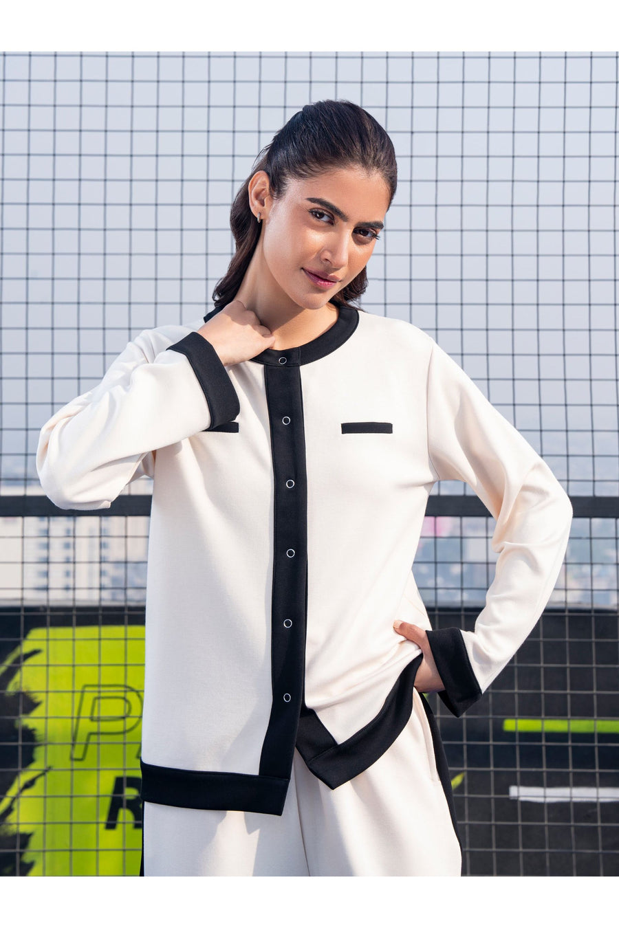 Off-White Jersey Knit 2-Piece Co-ord Set | Color-Block Button