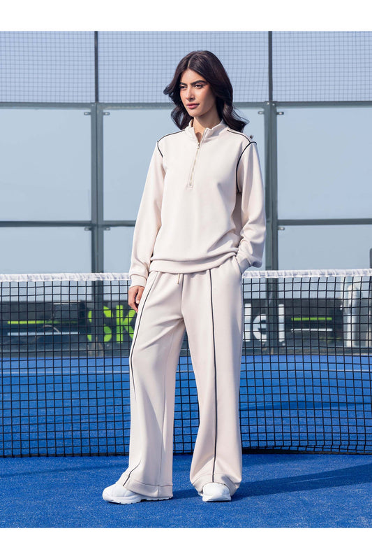 Ivory Jersey Knit 2-Piece Co-Ord Set | Zip Collar