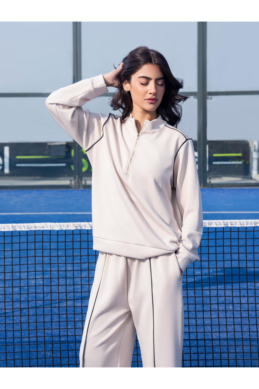 Ivory Jersey Knit 2-Piece Co-Ord Set | Zip Collar