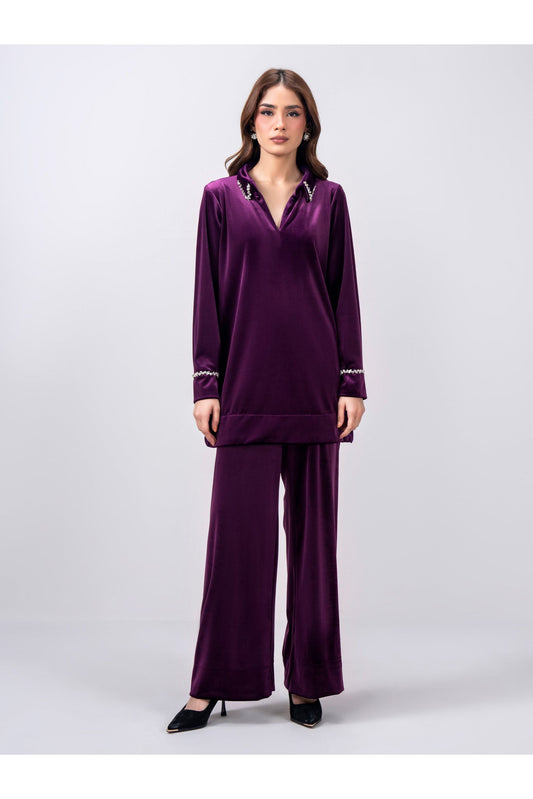Plum Velvet 2-Piece Suit | Stone-Embellished Collar