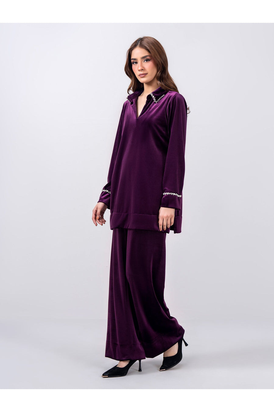 Plum Velvet 2-Piece Suit | Stone-Embellished Collar