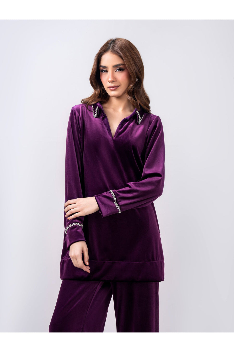 Plum Velvet 2-Piece Suit | Stone-Embellished Collar