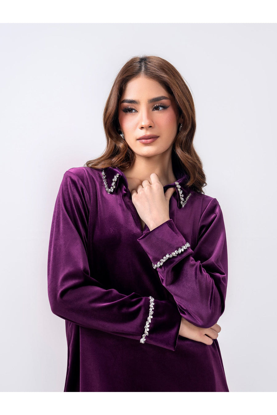 Plum Velvet 2-Piece Suit | Stone-Embellished Collar