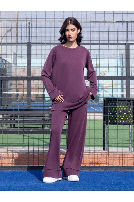 Plum Jersey Knit 2-Piece Co-Ord | Contrast Folded Hem