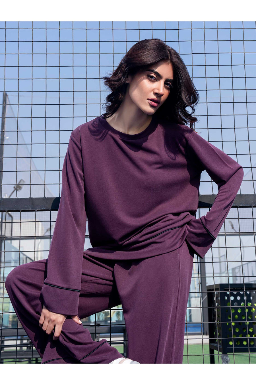 Plum Jersey Knit 2-Piece Co-Ord | Contrast Folded Hem