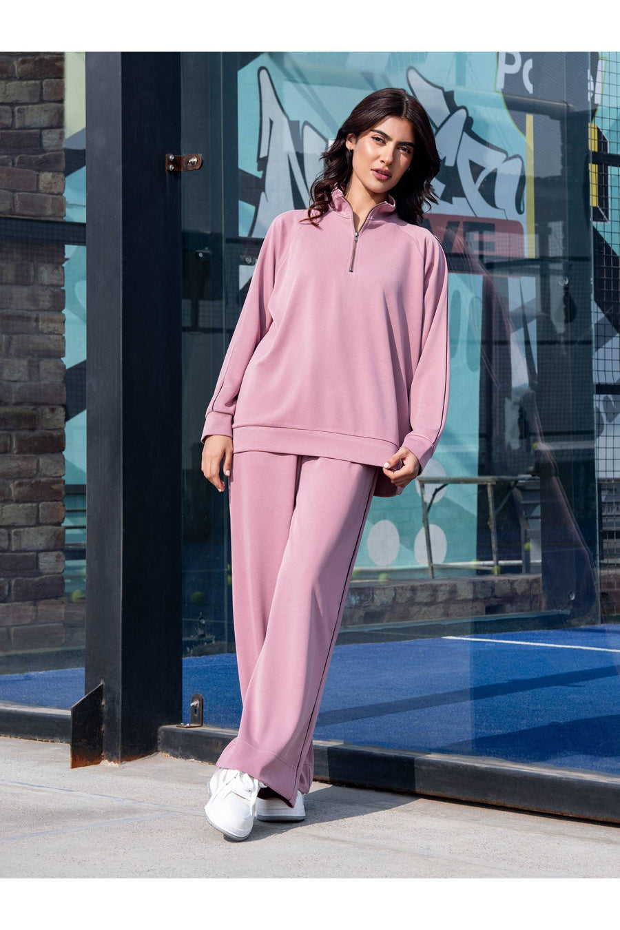 Dusty Rose Jersey Knit 2-Piece Co-ord | Zip Collar Top