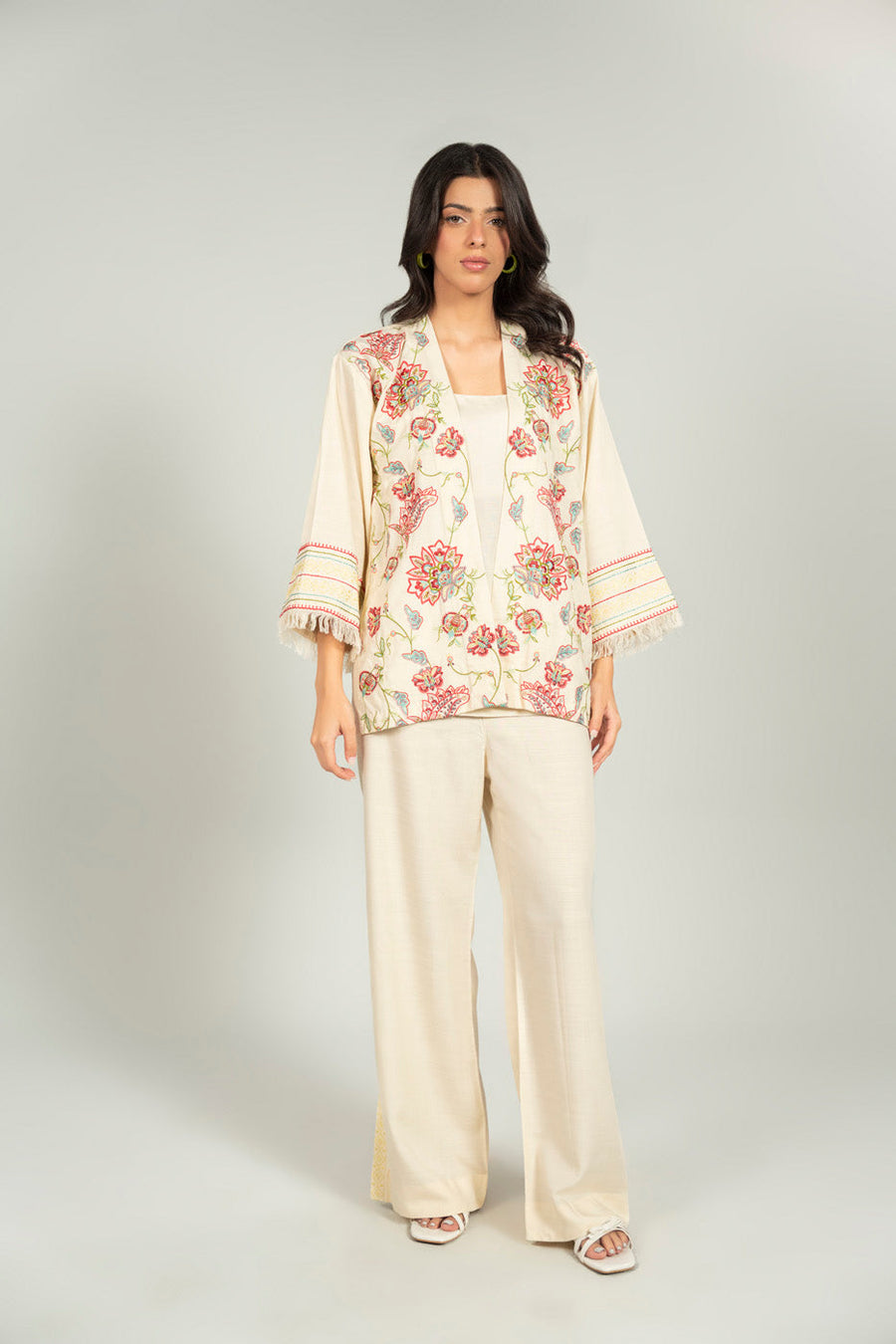 Ivory Viscose 2-Piece Culotte Set | Resham Floral Embroidery