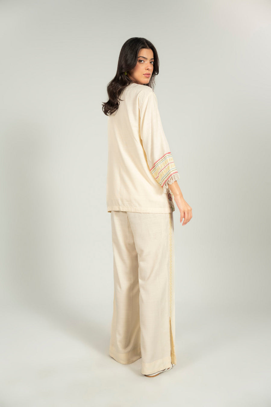 Ivory Viscose 2-Piece Culotte Set | Resham Floral Embroidery