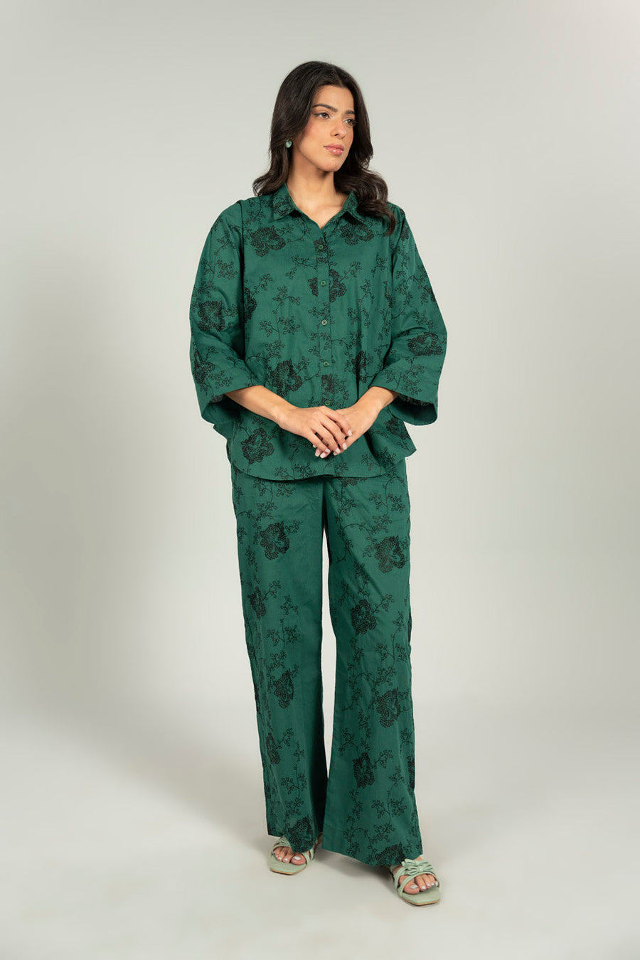 Emerald Irish Linen 2-Piece Culotte Set | Floral Print