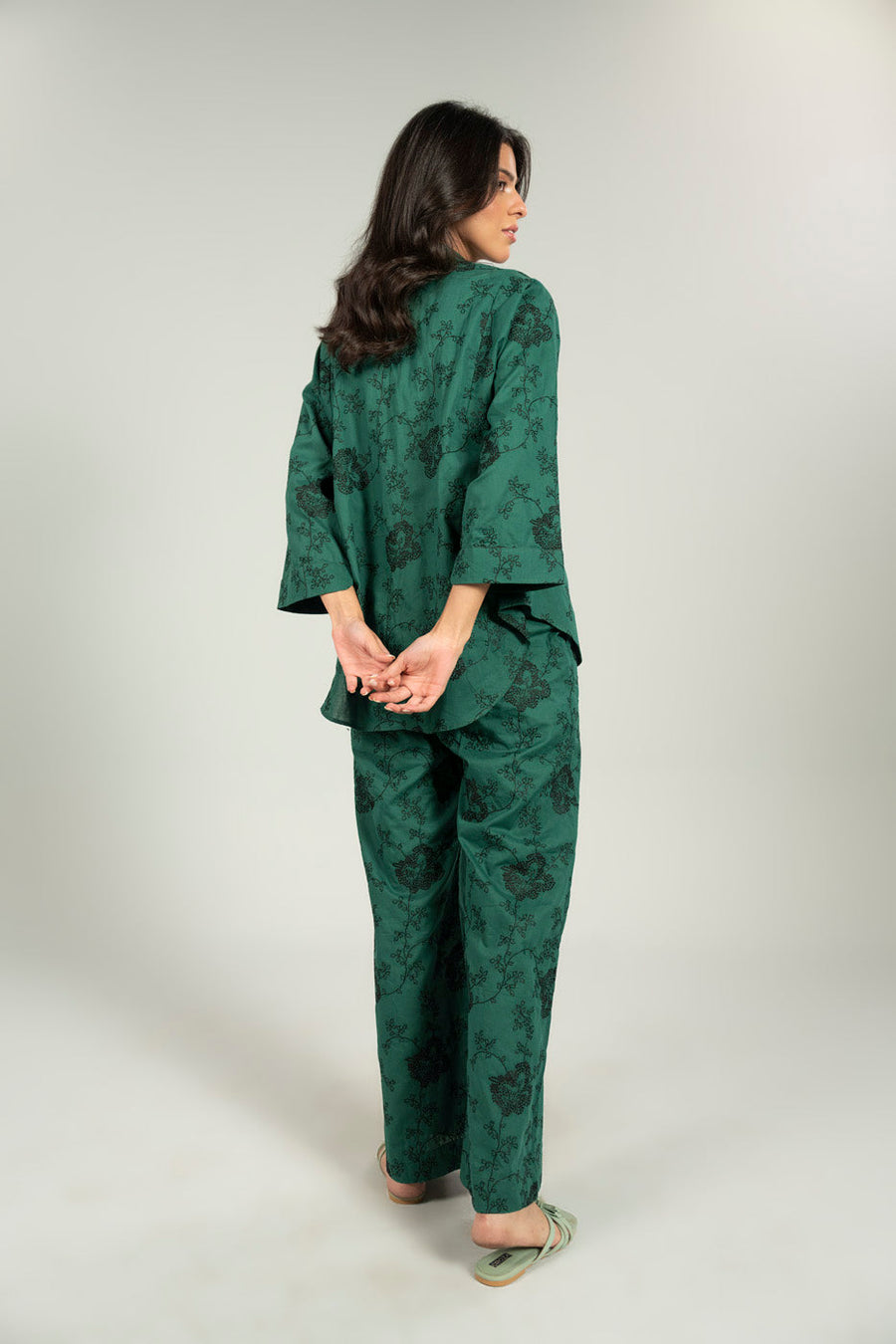 Emerald Irish Linen 2-Piece Culotte Set | Floral Print