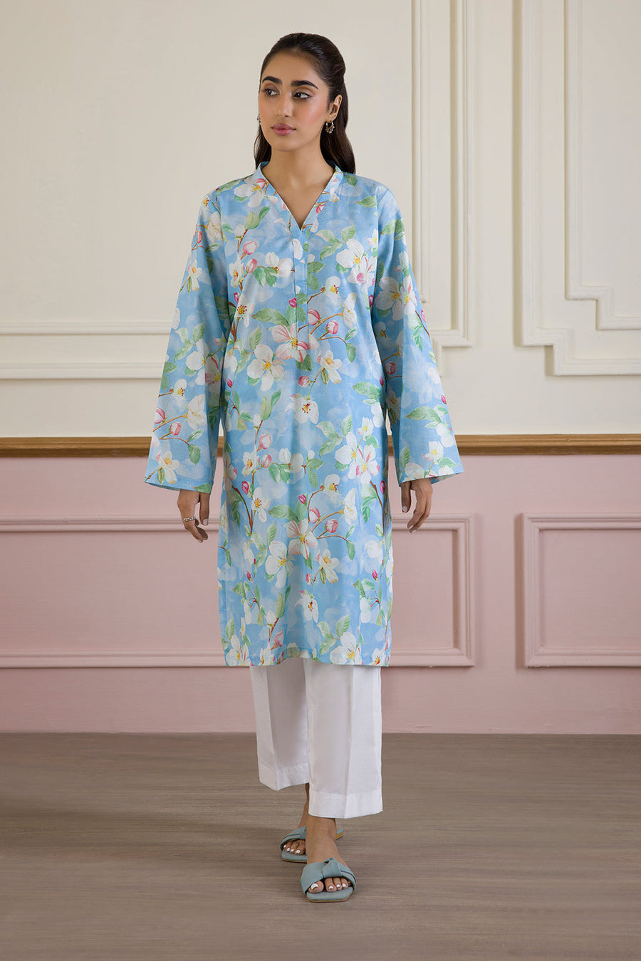 Sky Blue Cotton Kurta | Floral Print Lightweight
