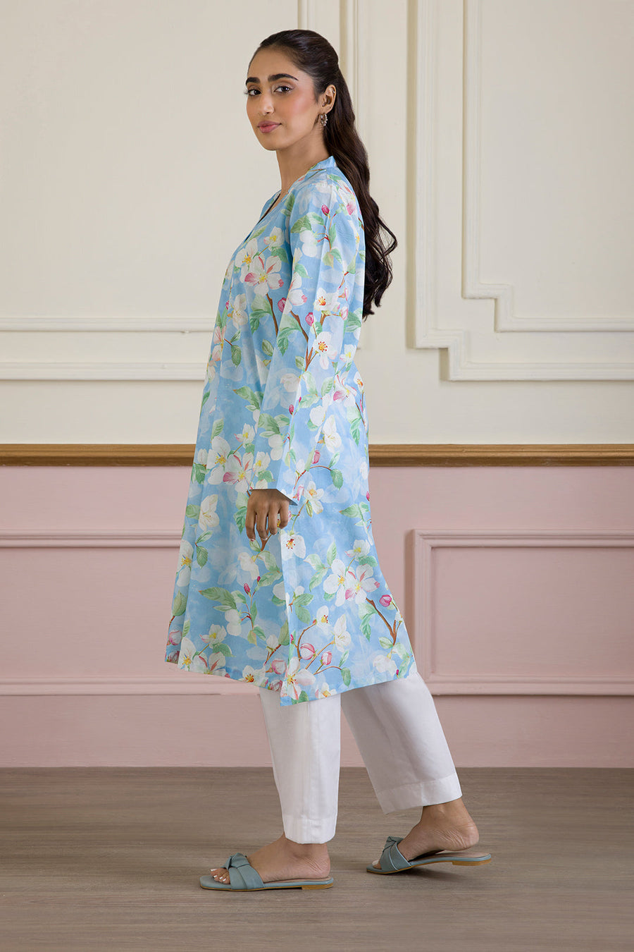 Sky Blue Cotton Kurta | Floral Print Lightweight