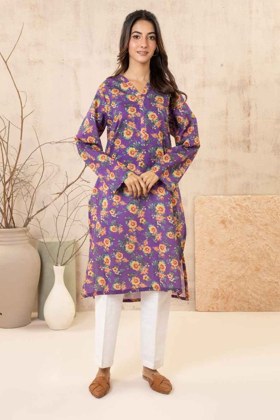 Plum Cotton Kurta | Sunflower Floral Print