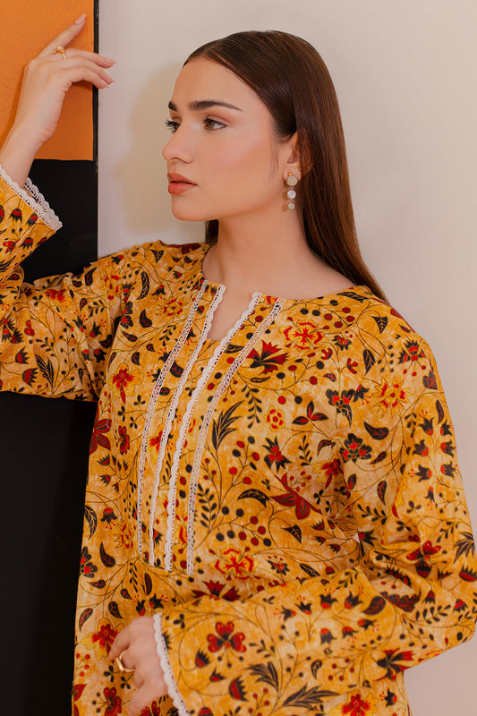 Mustard Khaddar 3-Piece Kurta | Floral Print with Lace Trim
