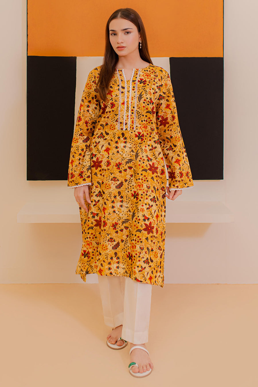 Mustard Khaddar 3-Piece Kurta | Floral Print with Lace Trim