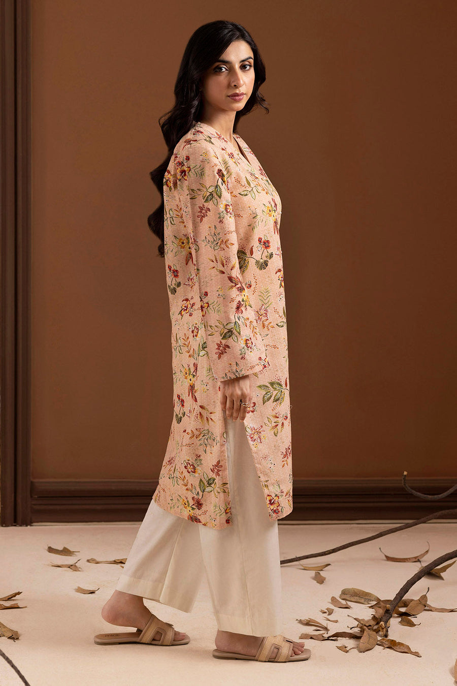 Tea Pink Linen 1-Piece Kurta | Floral Print