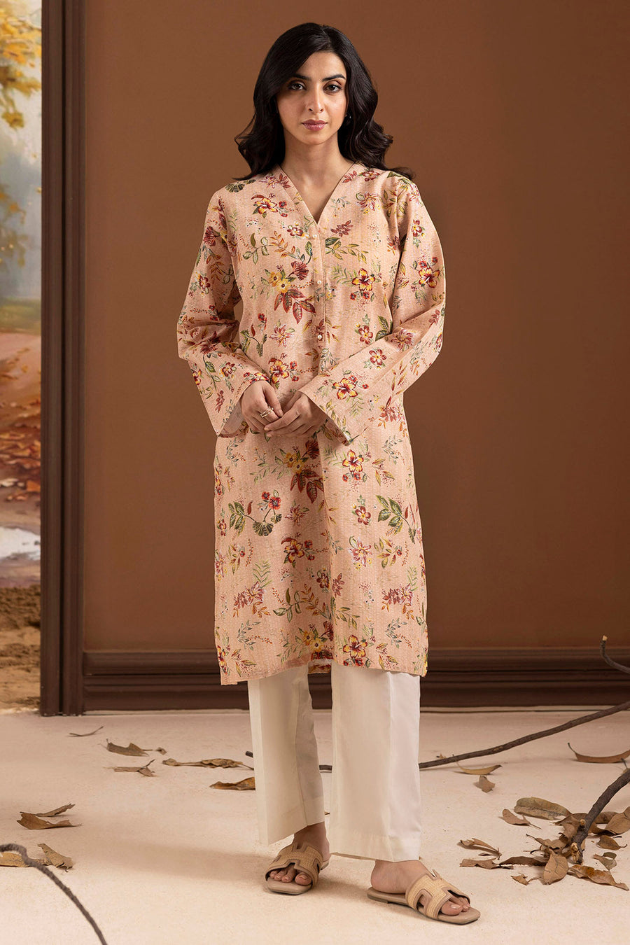 Tea Pink Linen 1-Piece Kurta | Floral Print