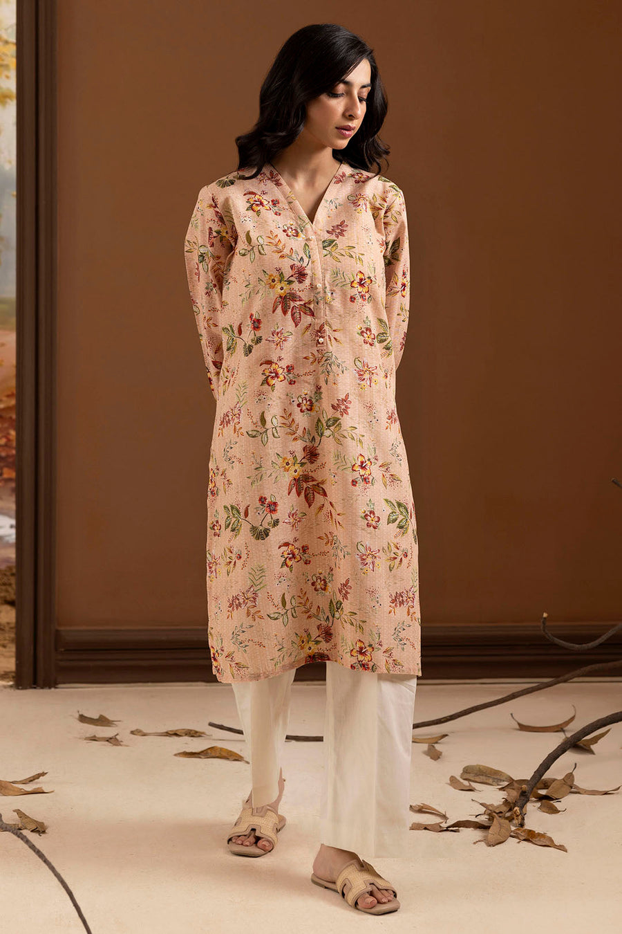 Tea Pink Linen 1-Piece Kurta | Floral Print