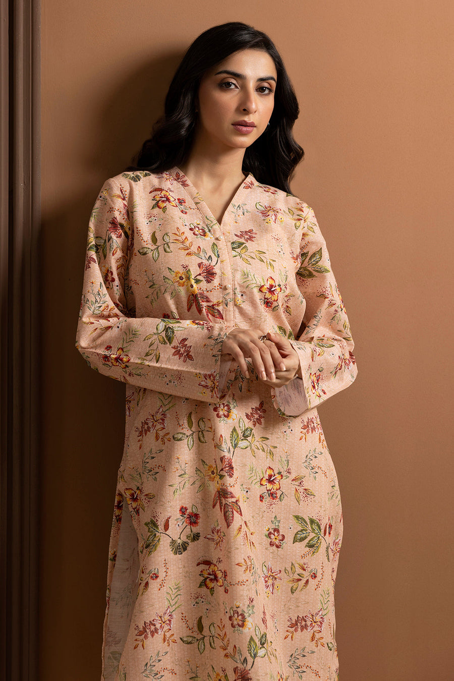 Tea Pink Linen 1-Piece Kurta | Floral Print