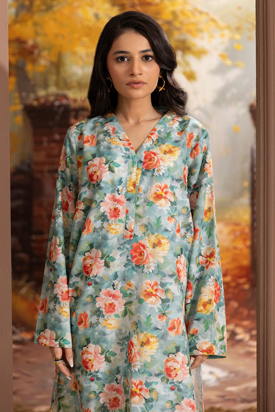 Sage Green Khaddar 1-Piece Kurta | Floral Print