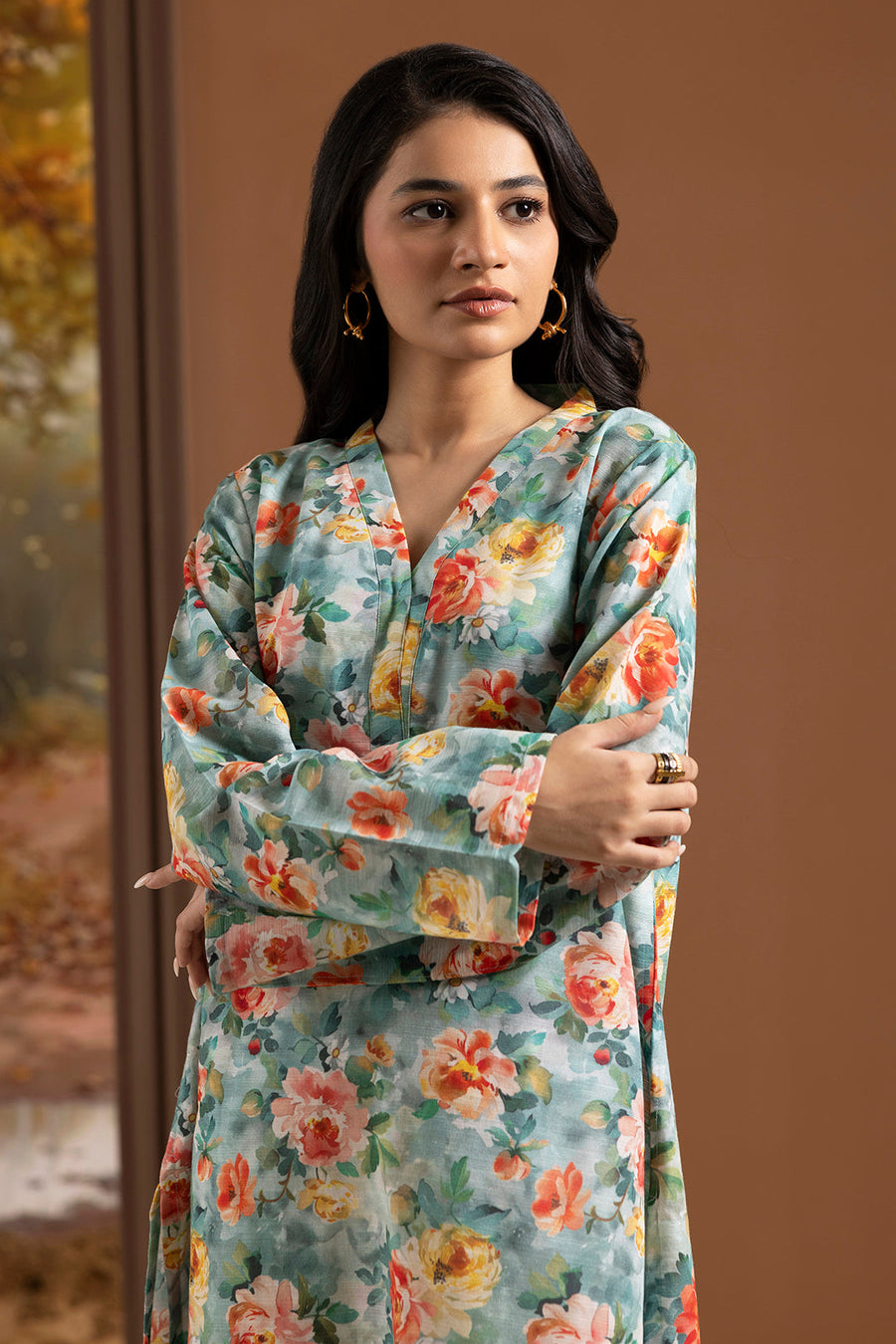 Sage Green Khaddar 1-Piece Kurta | Floral Print
