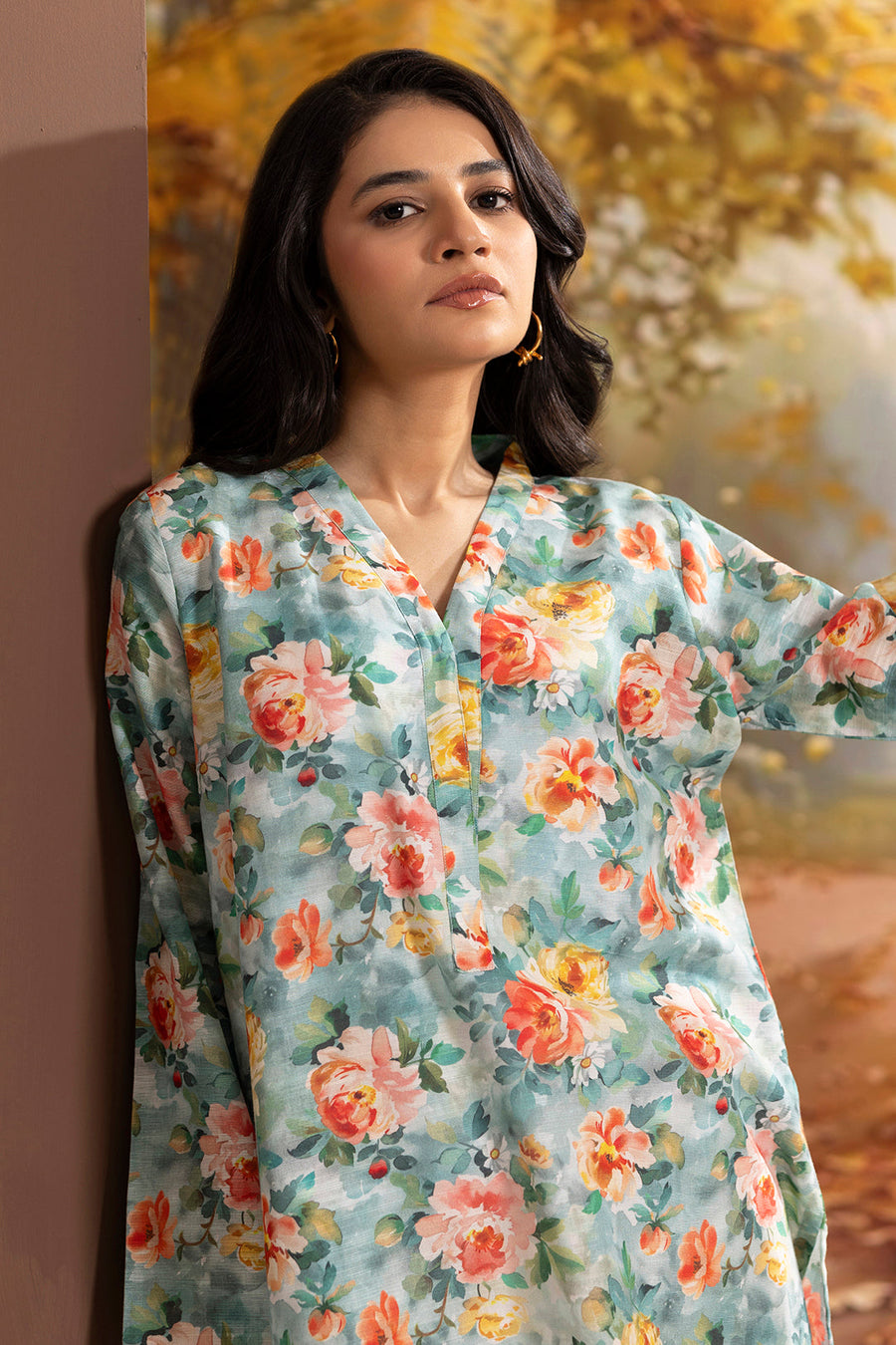 Sage Green Khaddar 1-Piece Kurta | Floral Print