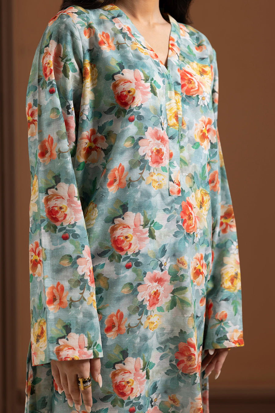 Sage Green Khaddar 1-Piece Kurta | Floral Print