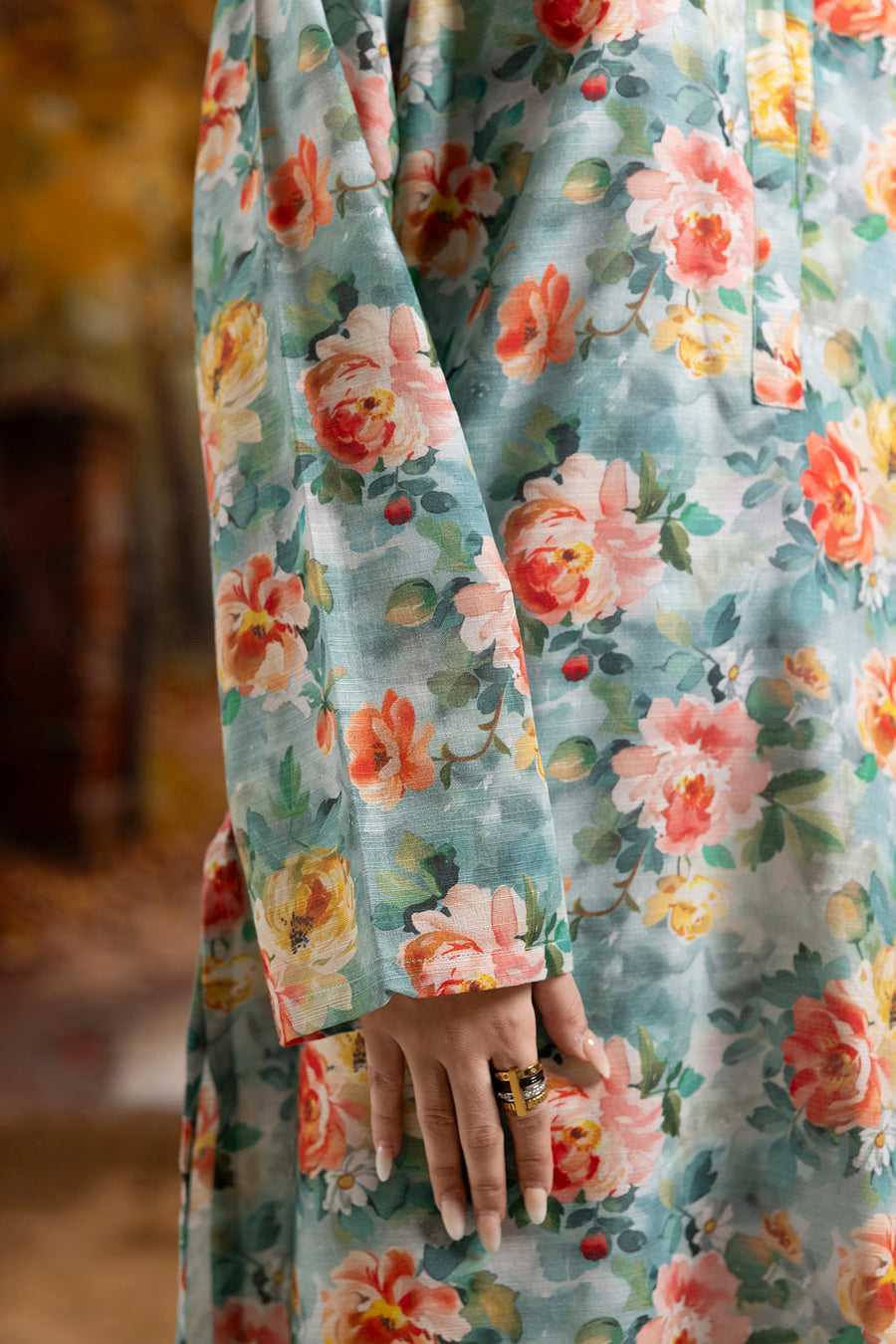 Sage Green Khaddar 1-Piece Kurta | Floral Print