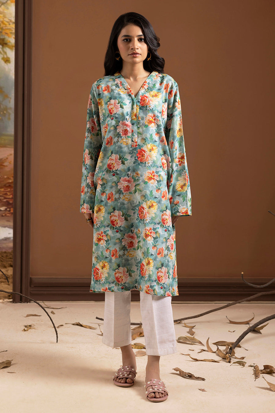Sage Green Khaddar 1-Piece Kurta | Floral Print