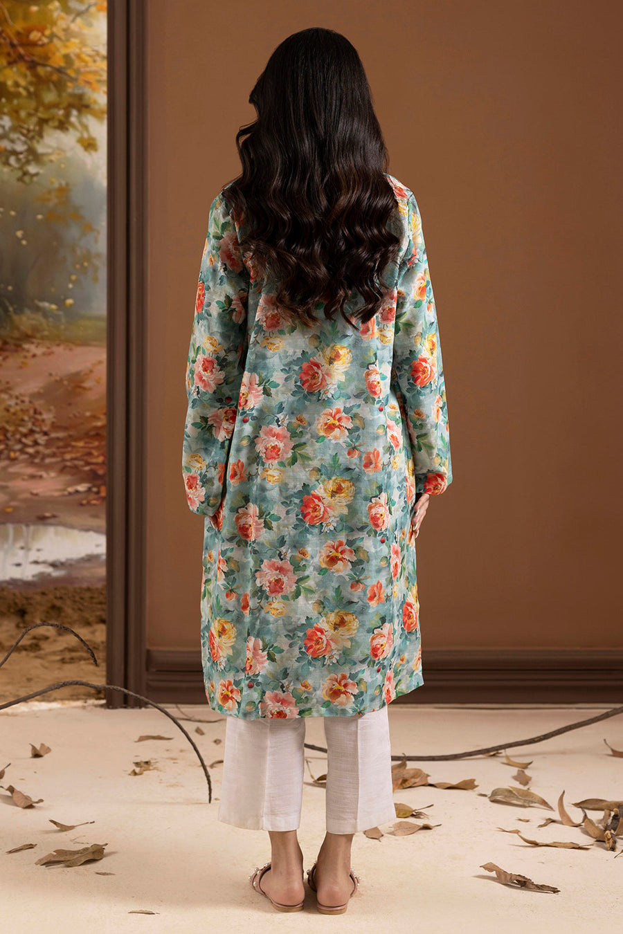 Sage Green Khaddar 1-Piece Kurta | Floral Print