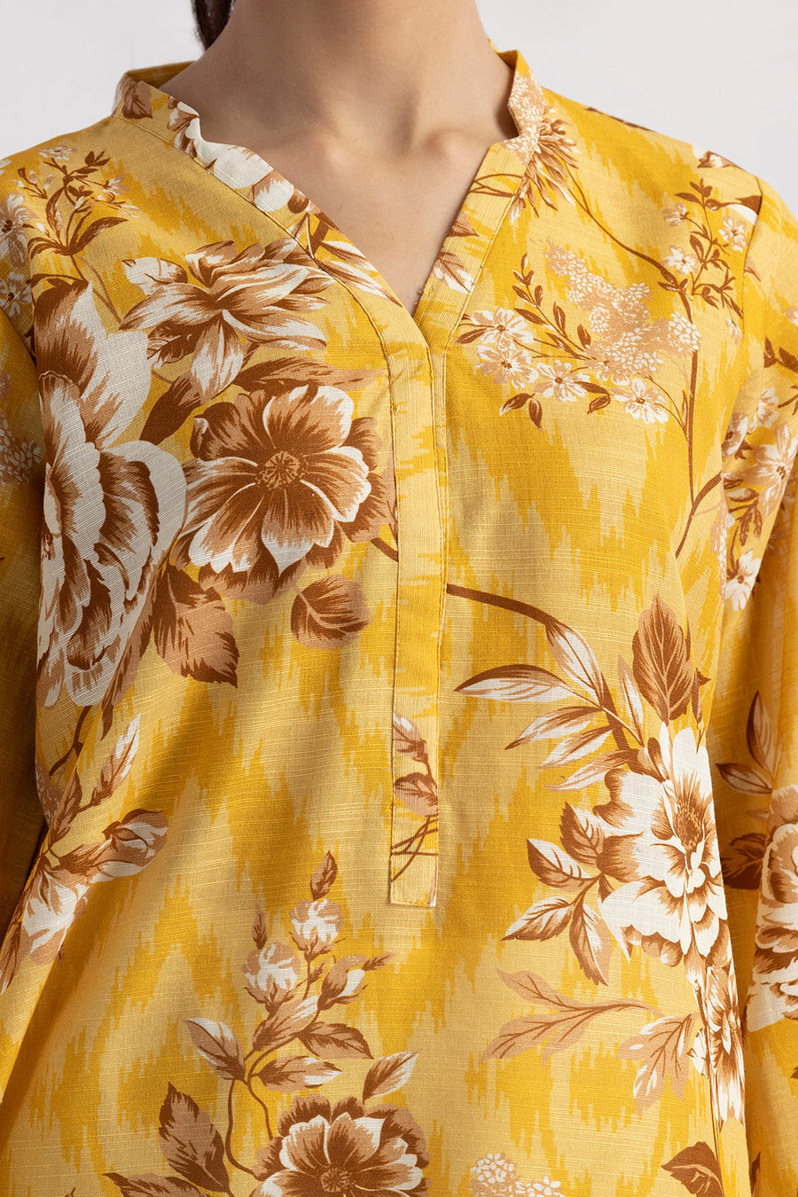 Mustard Khaddar 1-Piece Kurti | Floral Print