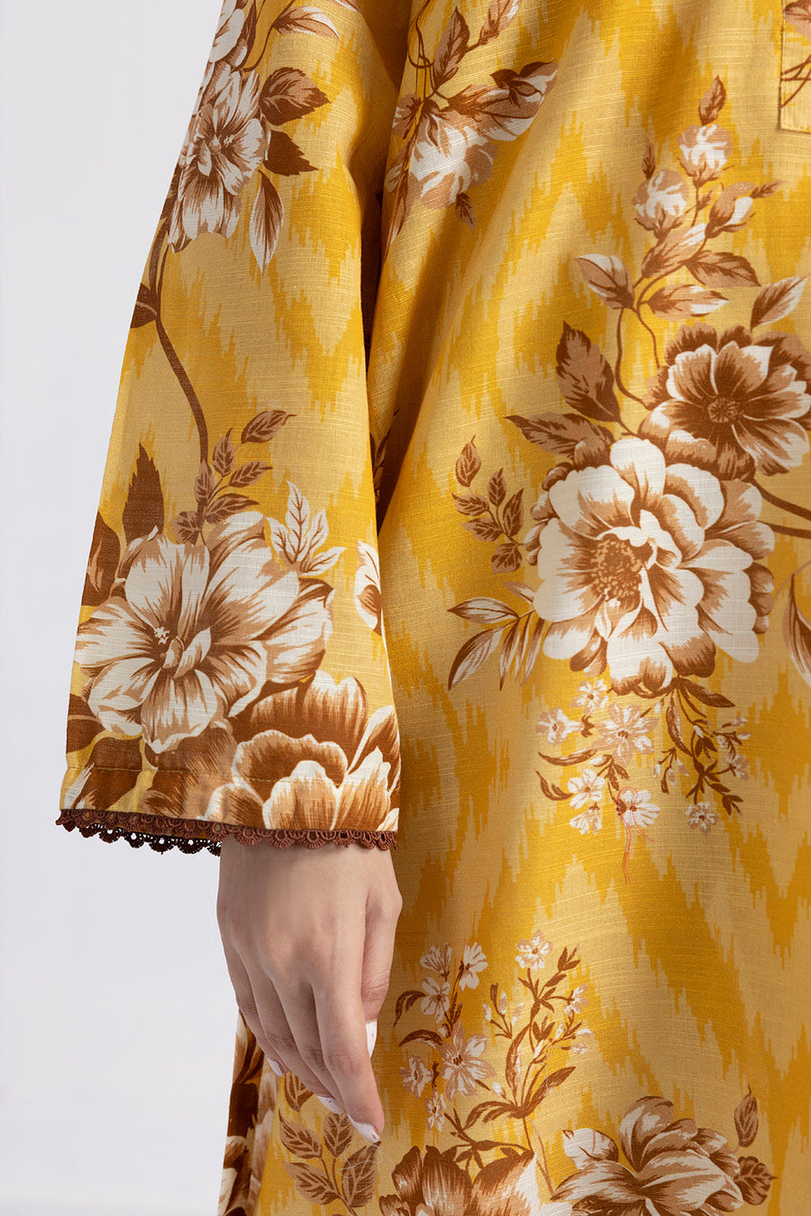 Mustard Khaddar 1-Piece Kurti | Floral Print
