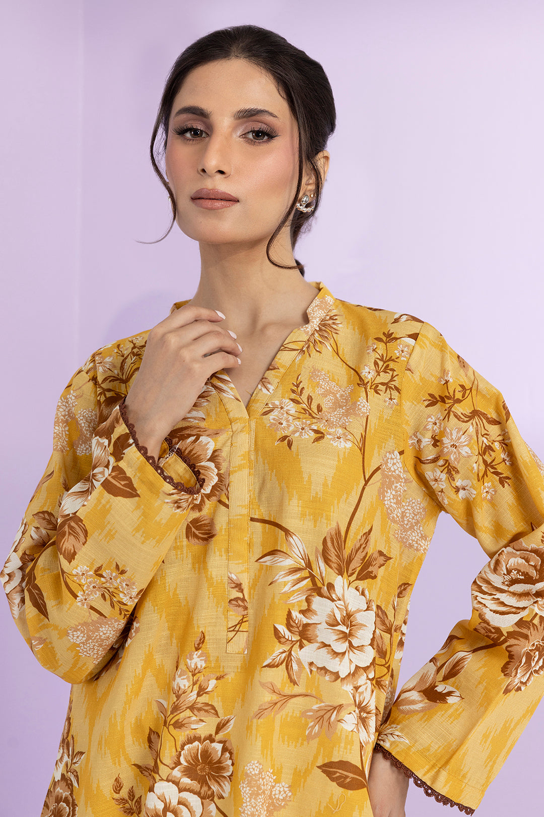 Mustard Khaddar 1-Piece Kurti | Floral Print