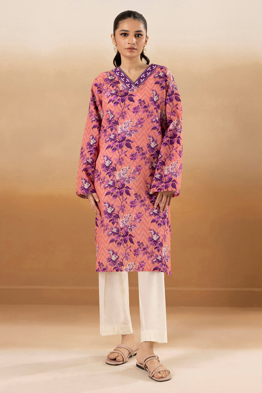 Tea Pink Khaddar 1-Piece Kurta | Floral Print