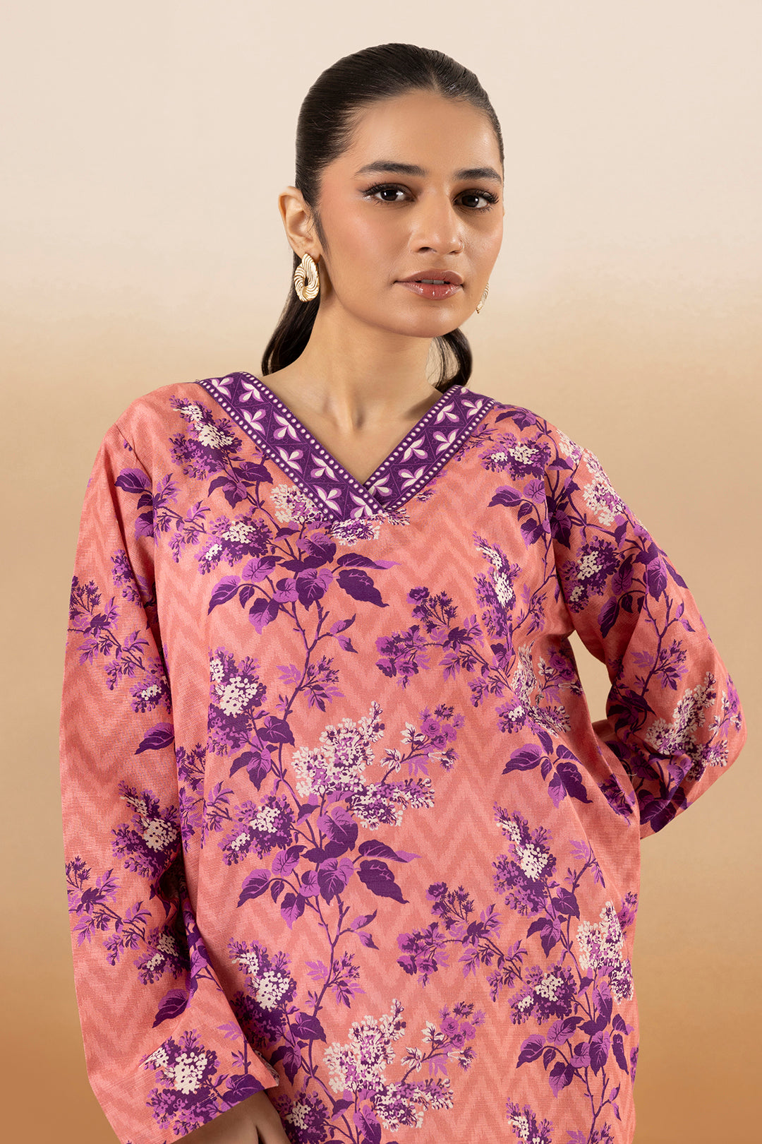 Tea Pink Khaddar 1-Piece Kurta | Floral Print