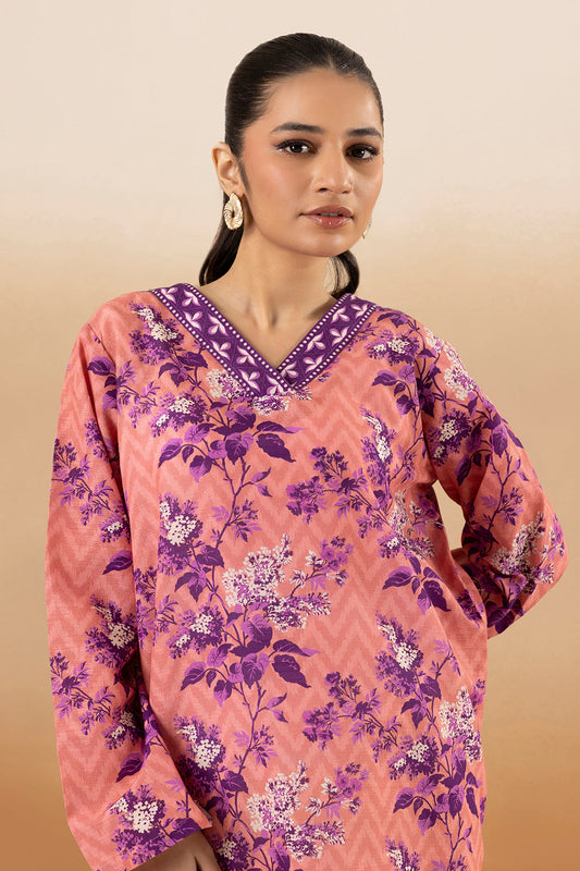 Tea pink khaddar kurta with purple and white floral print and a V-neck with purple woven border
